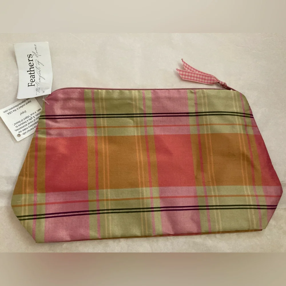 NWT “J” Plaid zip pouch cosmetic bag embroidered monogram Pink Sage Green